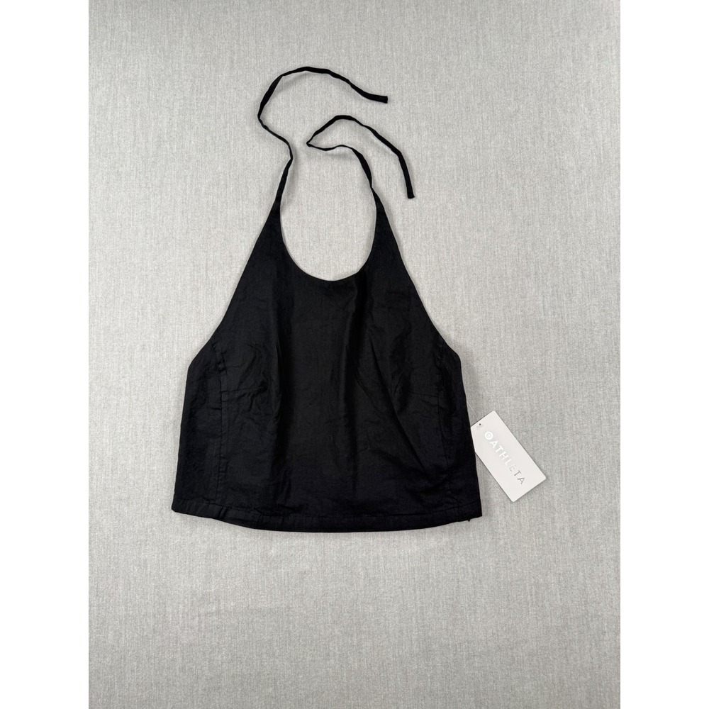 Athleta Paradise Halter Top Black Linen Blend‎ Crop Tank 777297 Womens Large NEW